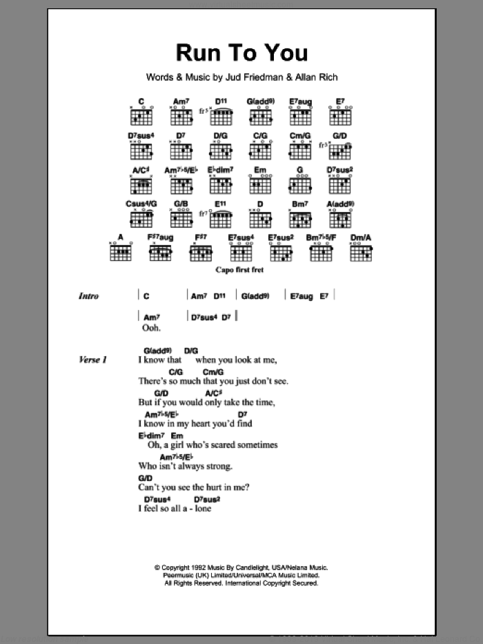 Run To You sheet music for guitar (chords) by Whitney Houston, Allan Rich and Jud Friedman, intermediate skill level
