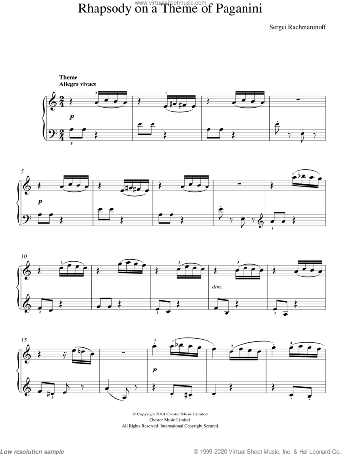 Rhapsody on a Theme of Paganini, (easy) sheet music for piano solo by Serjeij Rachmaninoff, classical score, easy skill level