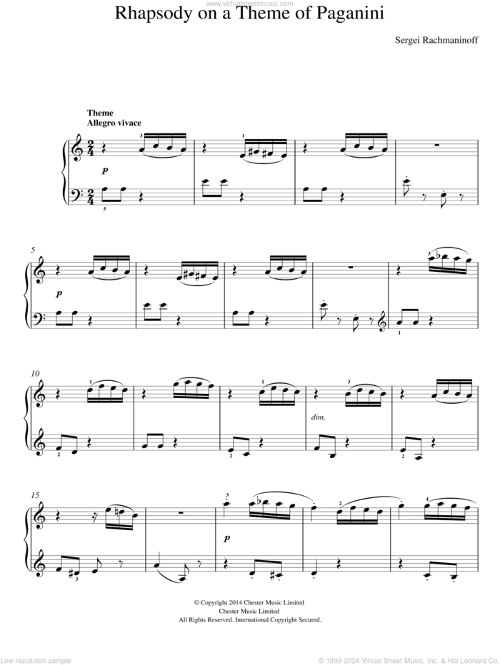 Rhapsody on a Theme of Paganini, (easy) sheet music for piano solo by Serjeij Rachmaninoff, classical score, easy skill level