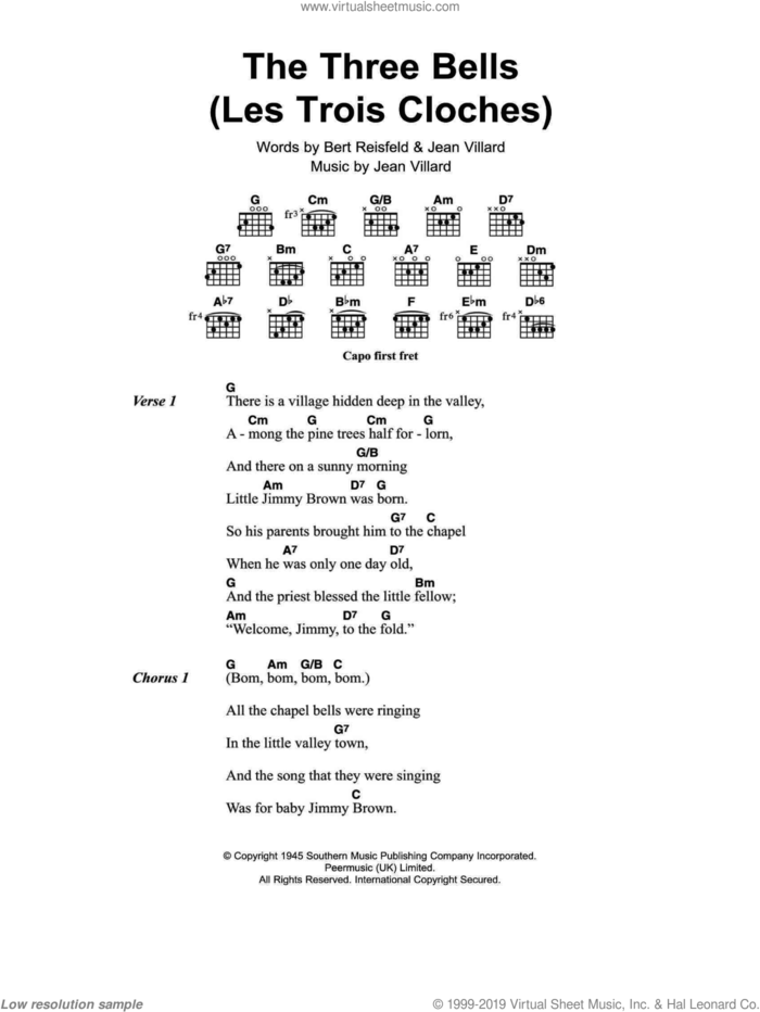 The Three Bells (Les Trois Cloches) sheet music for guitar (chords) by Edith Piaf, Bert Reisfeld and Jean Villard, intermediate skill level