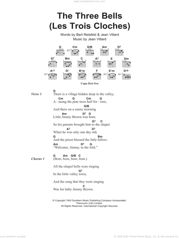 The Three Bells (Les Trois Cloches) sheet music for guitar (chords) by Edith Piaf, Bert Reisfeld and Jean Villard, intermediate skill level