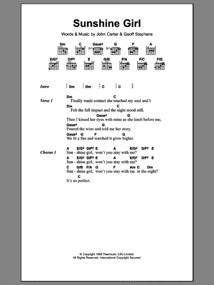 Sunshine Girl sheet music for guitar (chords) by Herman's Hermits, Geoff Stephens and John Carter, intermediate skill level