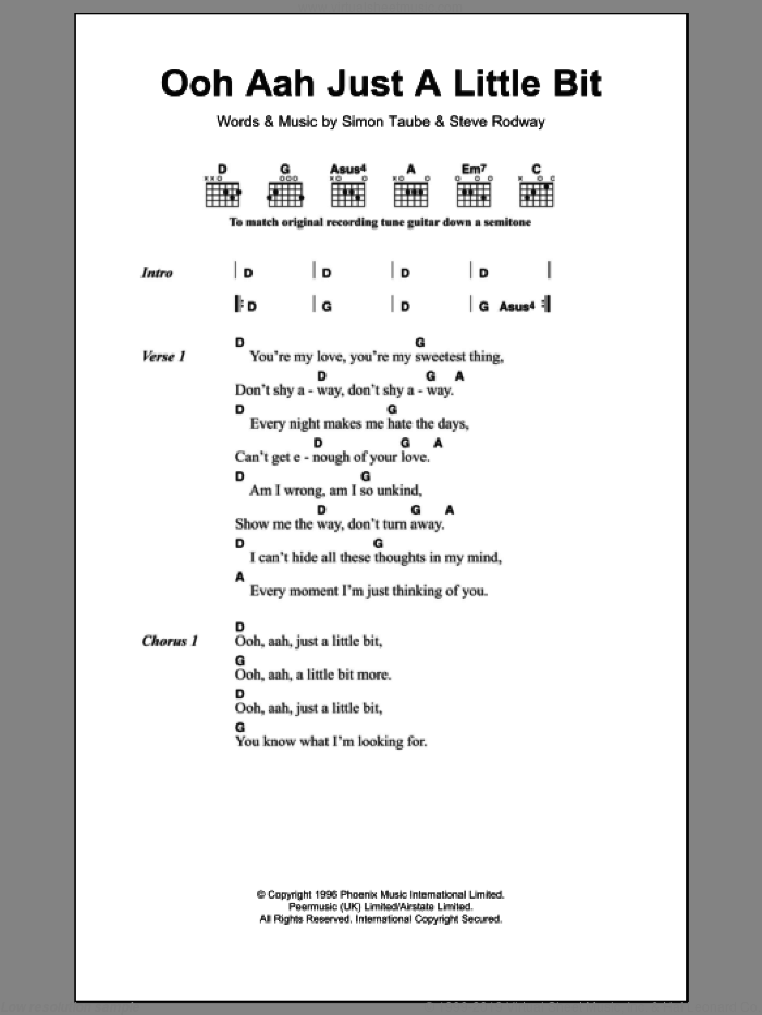 Ooh Aah Just A Little Bit sheet music for guitar (chords) by Gina G, Simon Taube and Steve Rodway, intermediate skill level