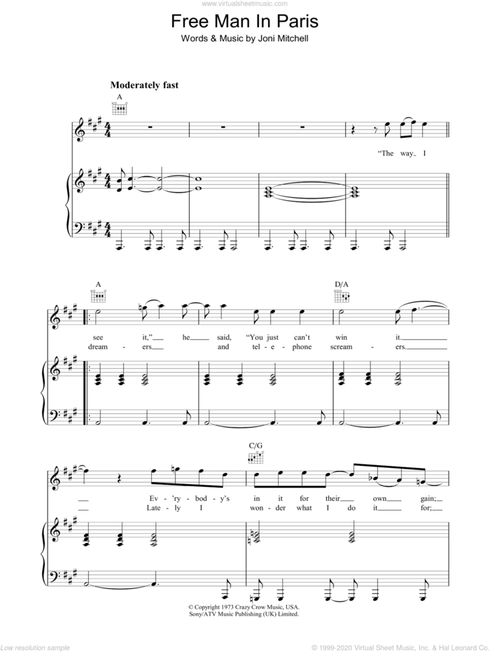 Free Man In Paris sheet music for voice, piano or guitar by Joni Mitchell, intermediate skill level