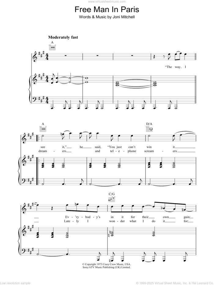 Free Man In Paris sheet music for voice, piano or guitar by Joni Mitchell, intermediate skill level