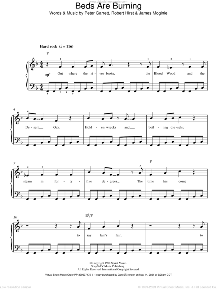 Beds Are Burning sheet music for piano solo by Midnight Oil, Jim Moginie, Peter Garrett and Robert Hirst, easy skill level