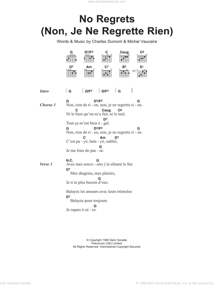 No Regrets (Non, Je Ne Regrette Rien) sheet music for guitar (chords) by Edith Piaf, Charles Dumont and Michel Vaucaire, intermediate skill level