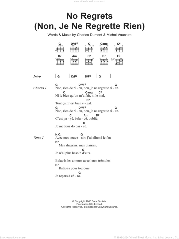 No Regrets (Non, Je Ne Regrette Rien) sheet music for guitar (chords) by Edith Piaf, Charles Dumont and Michel Vaucaire, intermediate skill level