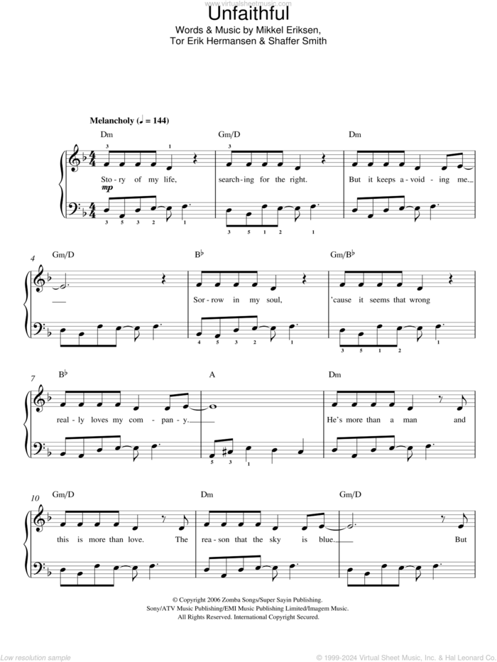 Unfaithful sheet music for piano solo by Rihanna, Mikkel Eriksen, Shaffer Smith and Tor Erik Hermansen, easy skill level