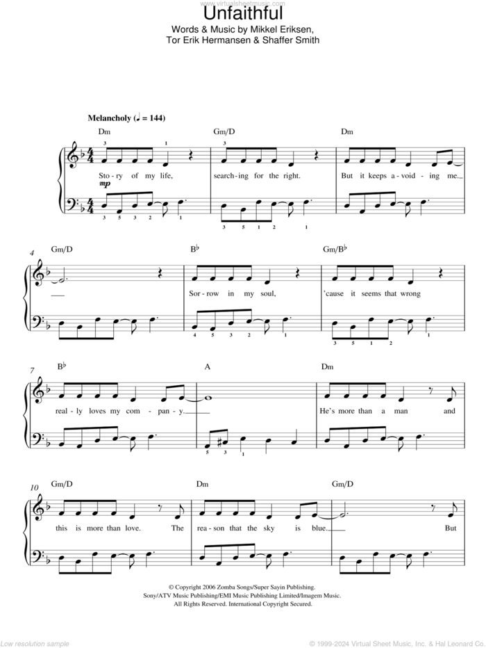 Unfaithful sheet music for piano solo by Rihanna, Mikkel Eriksen, Shaffer Smith and Tor Erik Hermansen, easy skill level