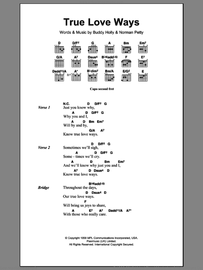 True Love Ways sheet music for guitar (chords) by Buddy Holly and Norman Petty, intermediate skill level