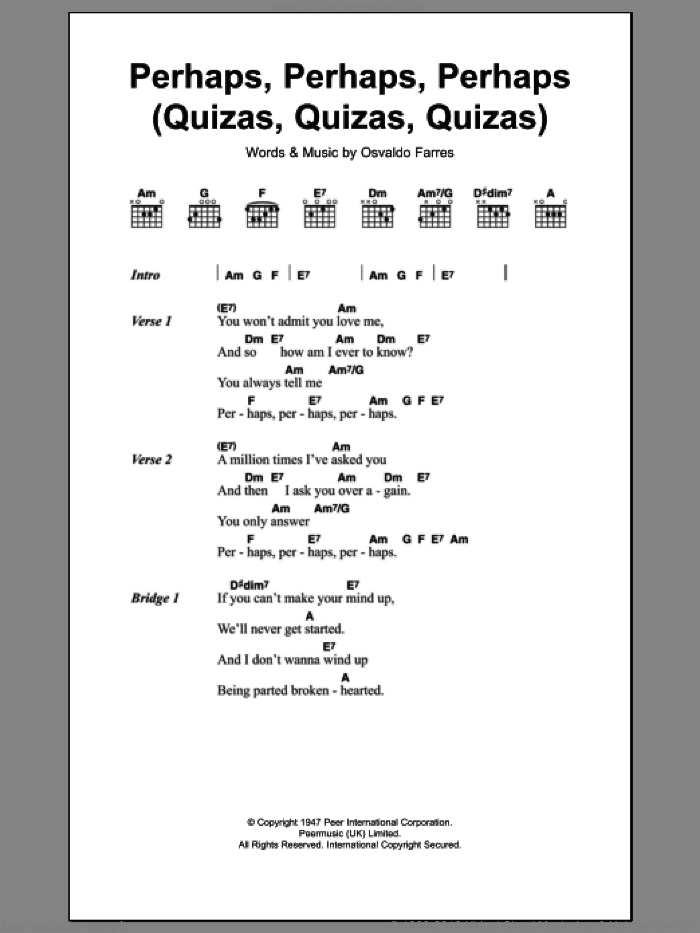 Perhaps, Perhaps, Perhaps (Quizas, Quizas, Quizas) (theme from Coupling) sheet music for guitar (chords) by Osvaldo Farres, intermediate skill level