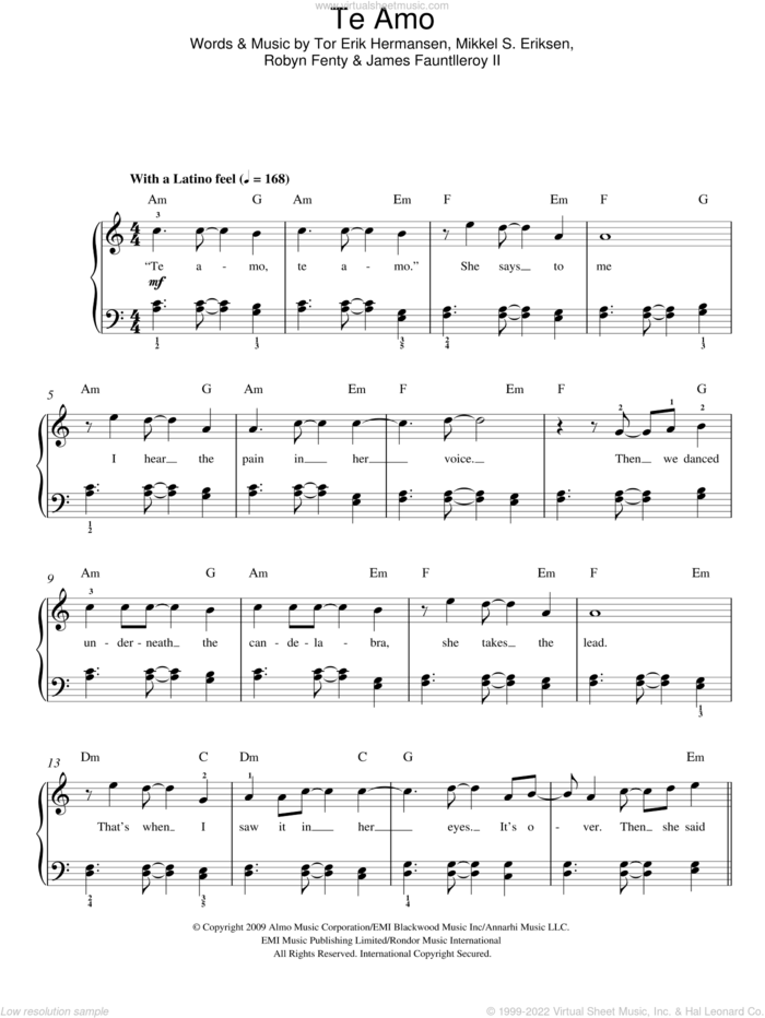 Te Amo sheet music for piano solo by Rihanna, James Fauntlleroy II, Mikkel S. Eriksen, Robyn Fenty and Tor Erik Hermansen, easy skill level