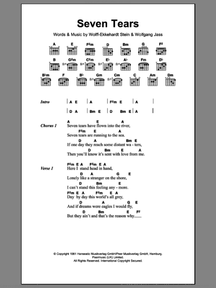 Seven Tears sheet music for guitar (chords) by Goombay Dance Band, Wolff-Ekkehardt Stein and Wolfgang Jass, intermediate skill level