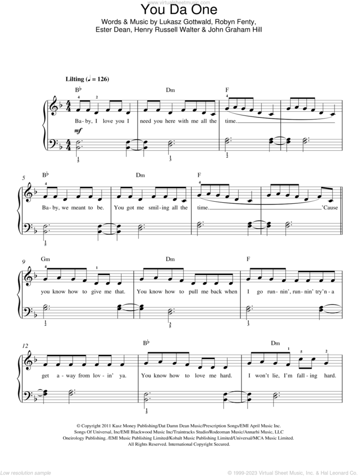 You Da One sheet music for piano solo by Rihanna, Ester Dean, Henry Russell Walter, John Graham Hill, Lukasz Gottwald and Robyn Fenty, easy skill level
