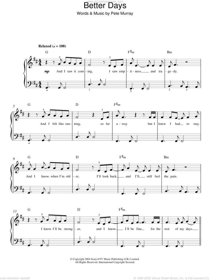 Better Days sheet music for piano solo by Pete Murray, easy skill level