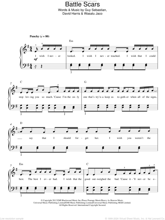 Battle Scars sheet music for piano solo by Guy Sebastian Feat. Lupe Fiasco, David Harris, Guy Sebastian and Wasalu Jaco, easy skill level