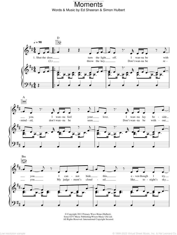 Moments sheet music for voice, piano or guitar by One Direction, Ed Sheeran and Simon Hulbert, intermediate skill level