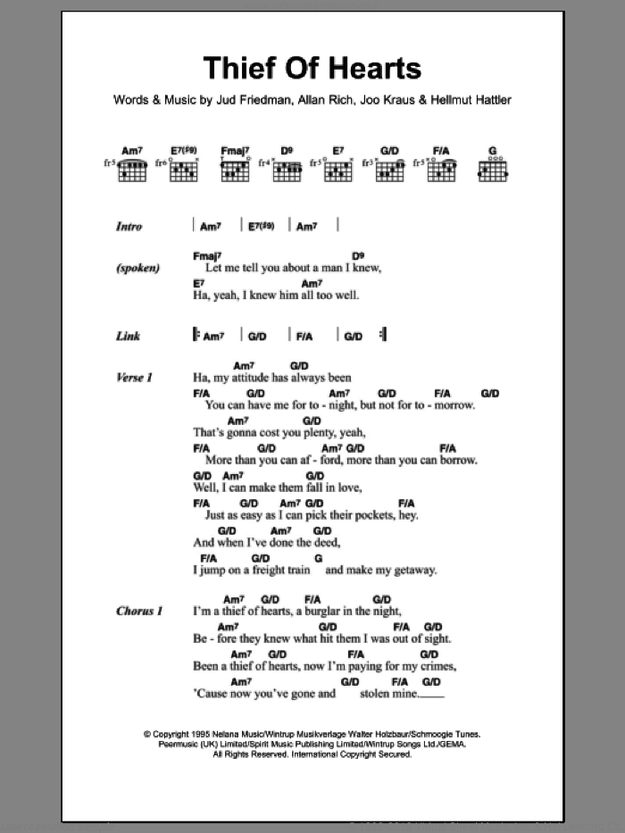 Thief Of Hearts sheet music for guitar (chords) by Tina Turner, Allan Rich, Hellmut Hattler, Joo Kraus and Jud Friedman, intermediate skill level