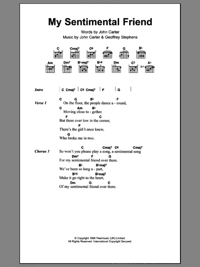 My Sentimental Friend sheet music for guitar (chords) by Herman's Hermits, Geoff Stephens and John Carter, intermediate skill level