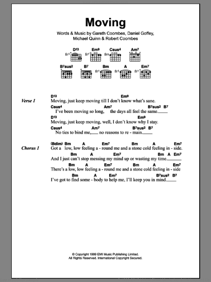 Moving sheet music for guitar (chords) by Supergrass, Daniel Goffey, Gareth Coombes, Michael Quinn and Robert Coombes, intermediate skill level