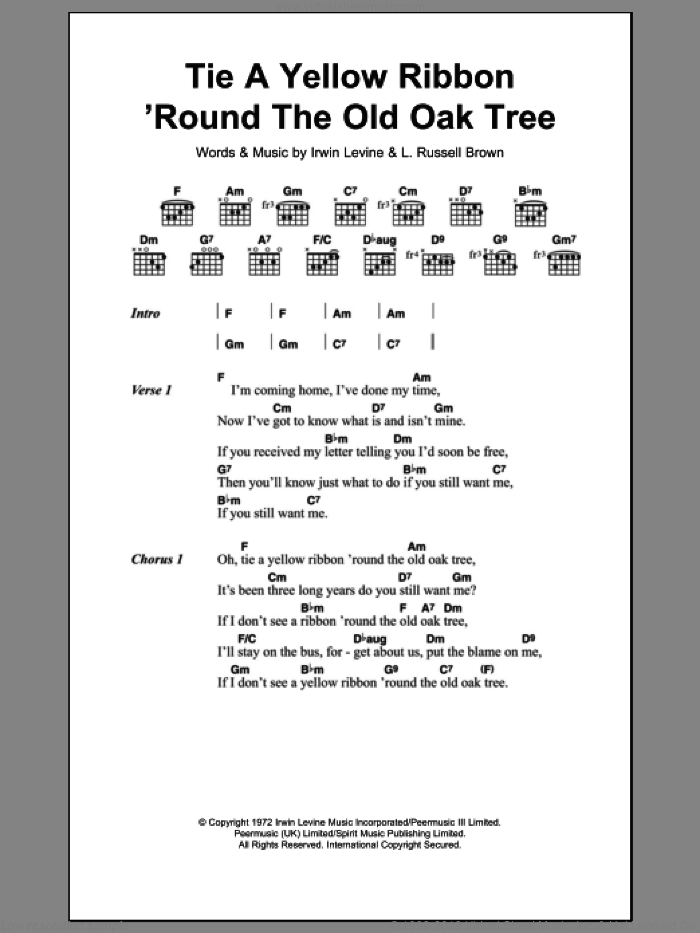 Tie A Yellow Ribbon 'Round The Old Oak Tree sheet music for guitar (chords) by Tony Orlando, Irwin Levine and L. Russell Brown, intermediate skill level