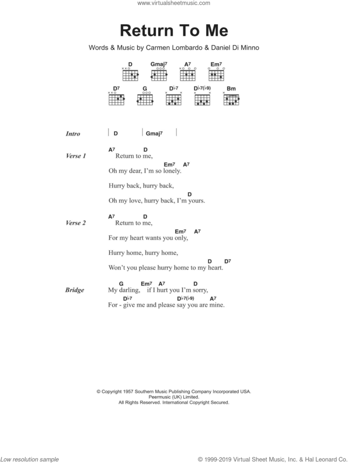 Return To Me sheet music for guitar (chords) by Dean Martin, Carmen Lombardo and Daniel Di Minno, intermediate skill level