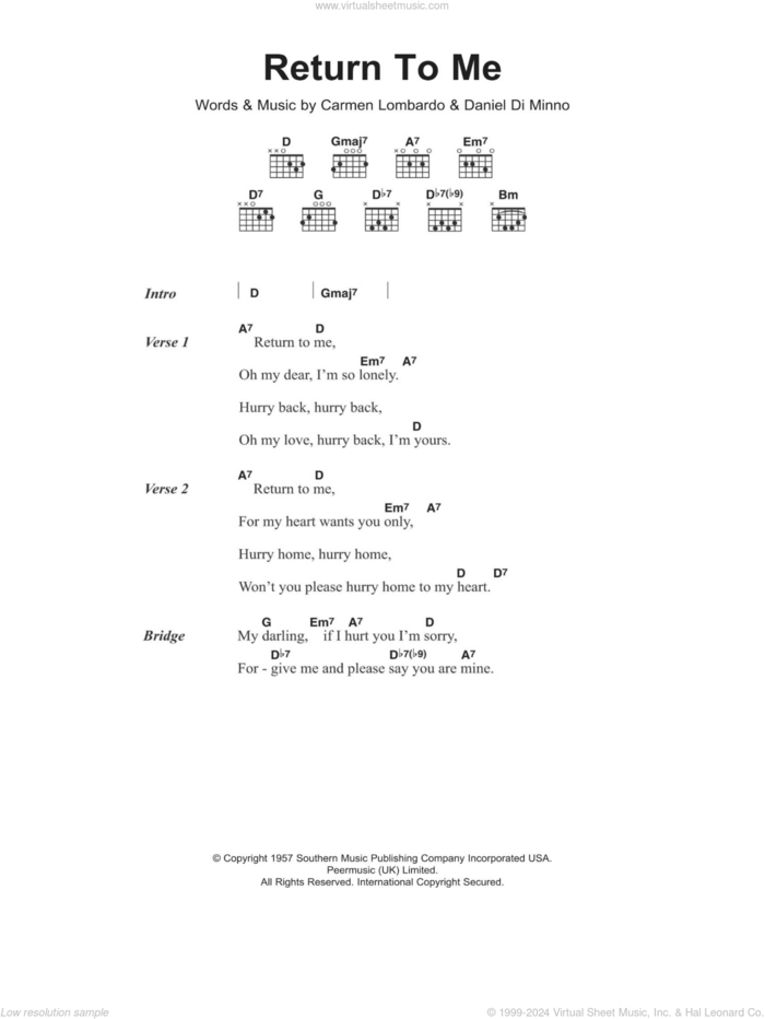 Return To Me sheet music for guitar (chords) by Dean Martin, Carmen Lombardo and Daniel Di Minno, intermediate skill level