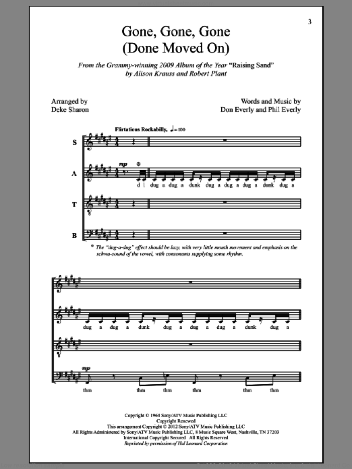 Gone, Gone, Gone (Done Moved On) sheet music for choir (SATB: soprano, alto, tenor, bass) by Deke Sharon, Alison Krauss, Robert Plant, Don Everly and Phil Everly, intermediate skill level