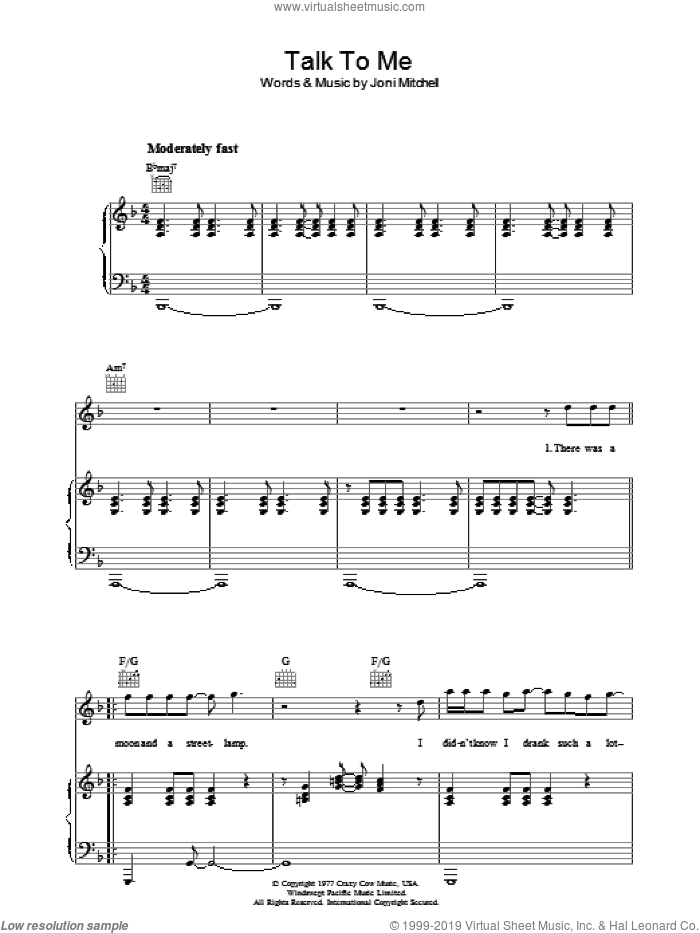 Talk To Me sheet music for voice, piano or guitar by Joni Mitchell, intermediate skill level