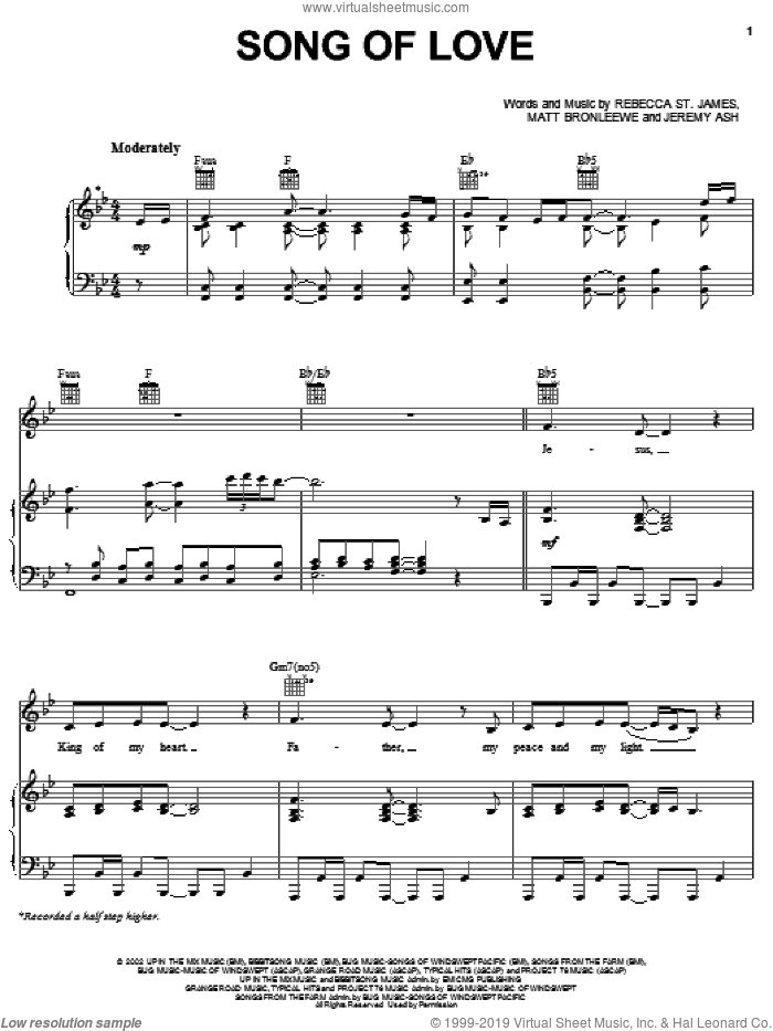 Song Of Love sheet music for voice, piano or guitar by Rebecca St. James, Jeremy Ash and Matt Bronleewe, intermediate skill level