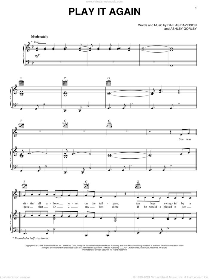 Play It Again sheet music for voice, piano or guitar by Luke Bryan, Ashley Gorley and Dallas Davidson, intermediate skill level