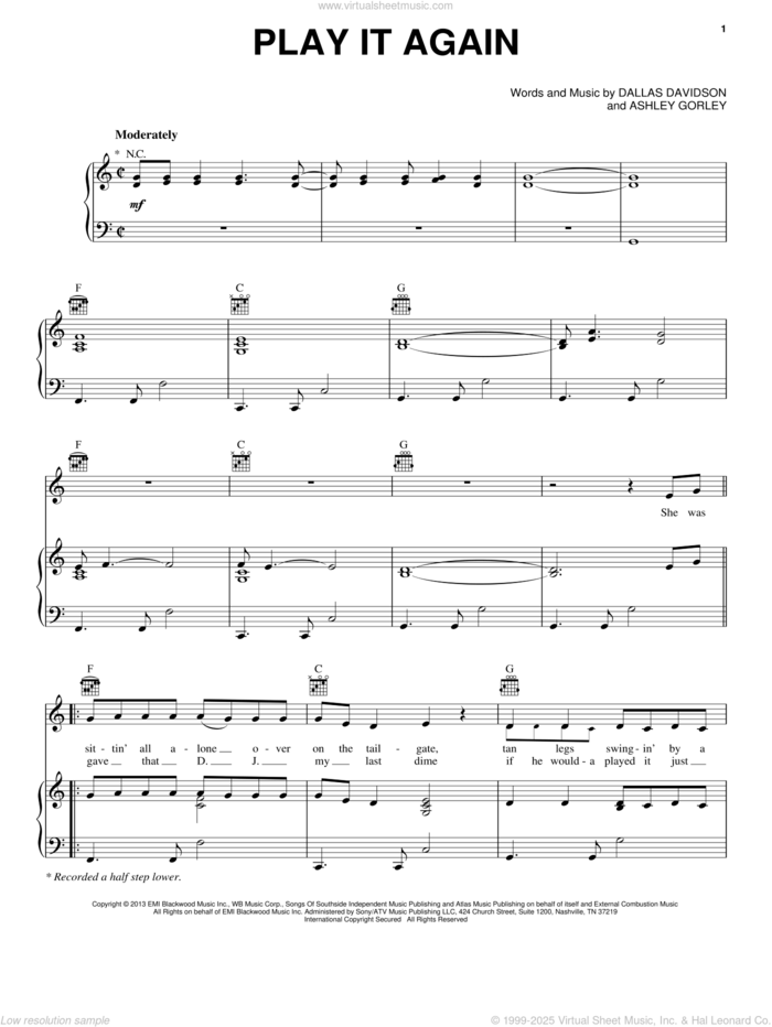 Play It Again sheet music for voice, piano or guitar by Luke Bryan, Ashley Gorley and Dallas Davidson, intermediate skill level