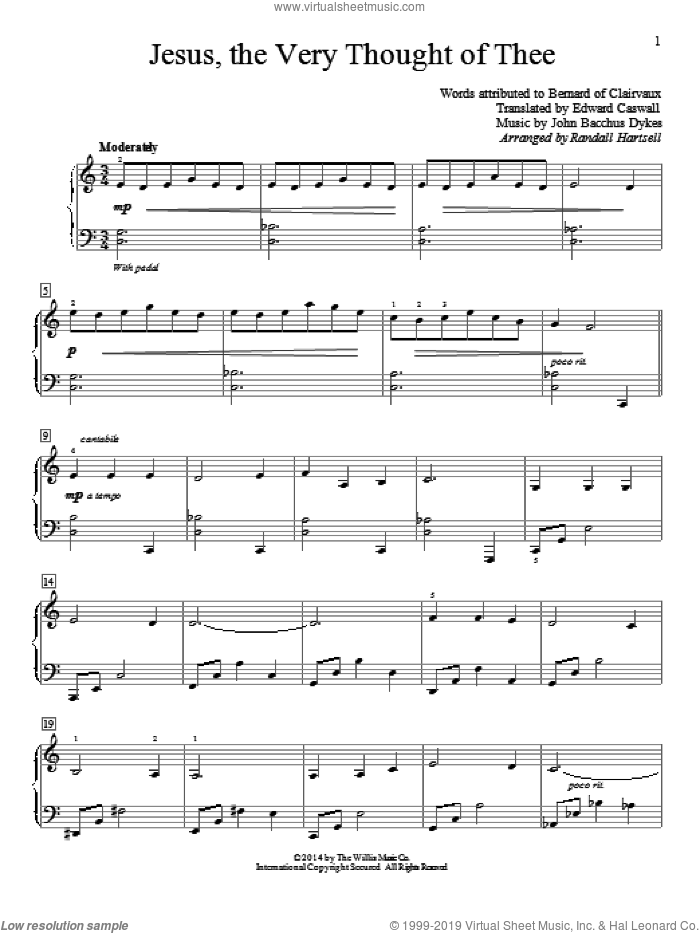 Jesus, The Very Thought Of Thee sheet music for piano solo (elementary) by Randall Hartsell, Bernard of Clairvaux, Edward Caswall and John Bacchus Dykes, beginner piano (elementary)
