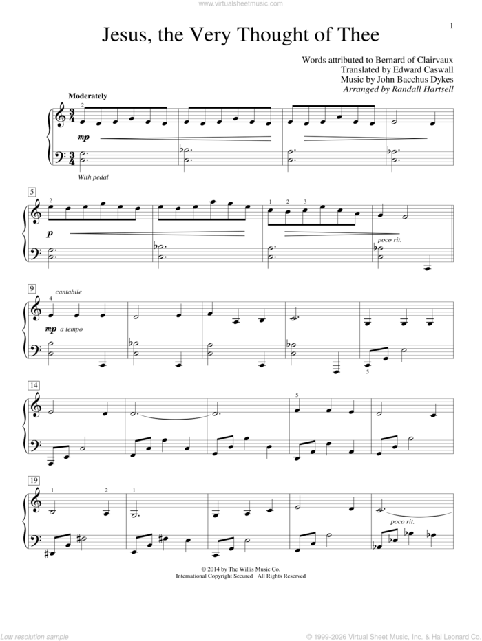 Jesus, The Very Thought Of Thee sheet music for piano solo (elementary) by Randall Hartsell, Bernard of Clairvaux, Edward Caswall and John Bacchus Dykes, beginner piano (elementary)