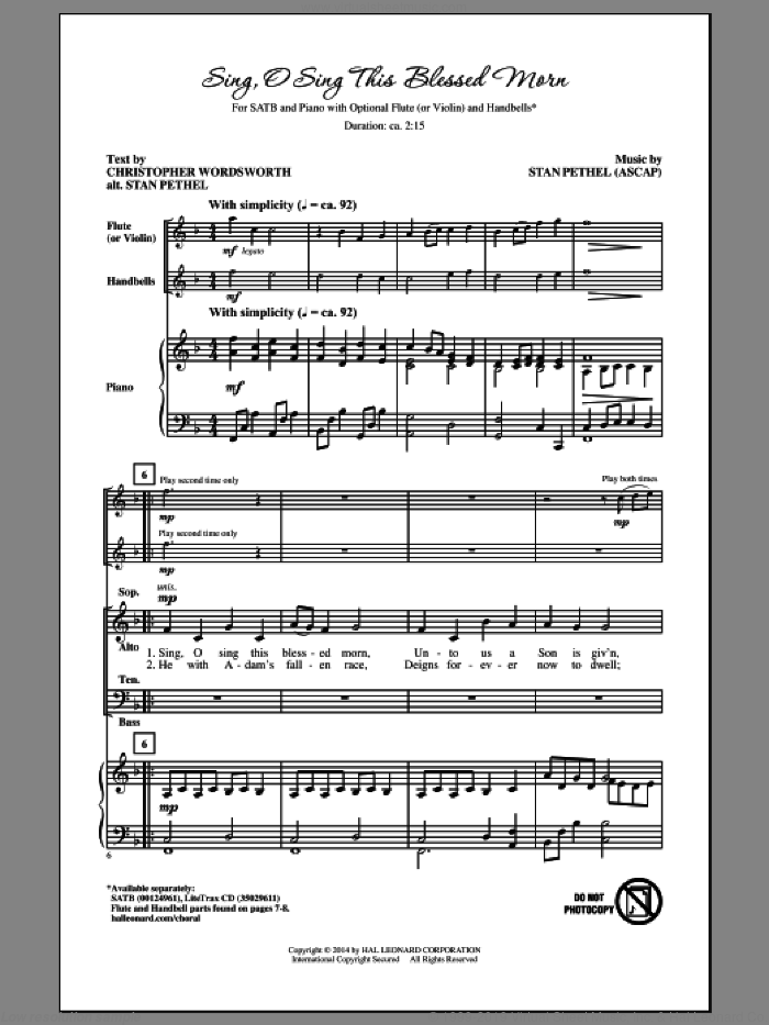 Sing, O Sing This Blessed Morn sheet music for choir (SATB: soprano, alto, tenor, bass) by Stan Pethel and Christopher Wordsworth, intermediate skill level