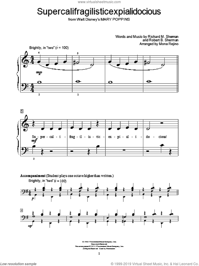Supercalifragilisticexpialidocious (from Mary Poppins) (arr. Mona Rejino) sheet music for piano solo (elementary) by Richard M. Sherman, Mona Rejino, Julie Andrews, Robert B. Sherman, Bill Boyd and Sherman Brothers, beginner piano (elementary)