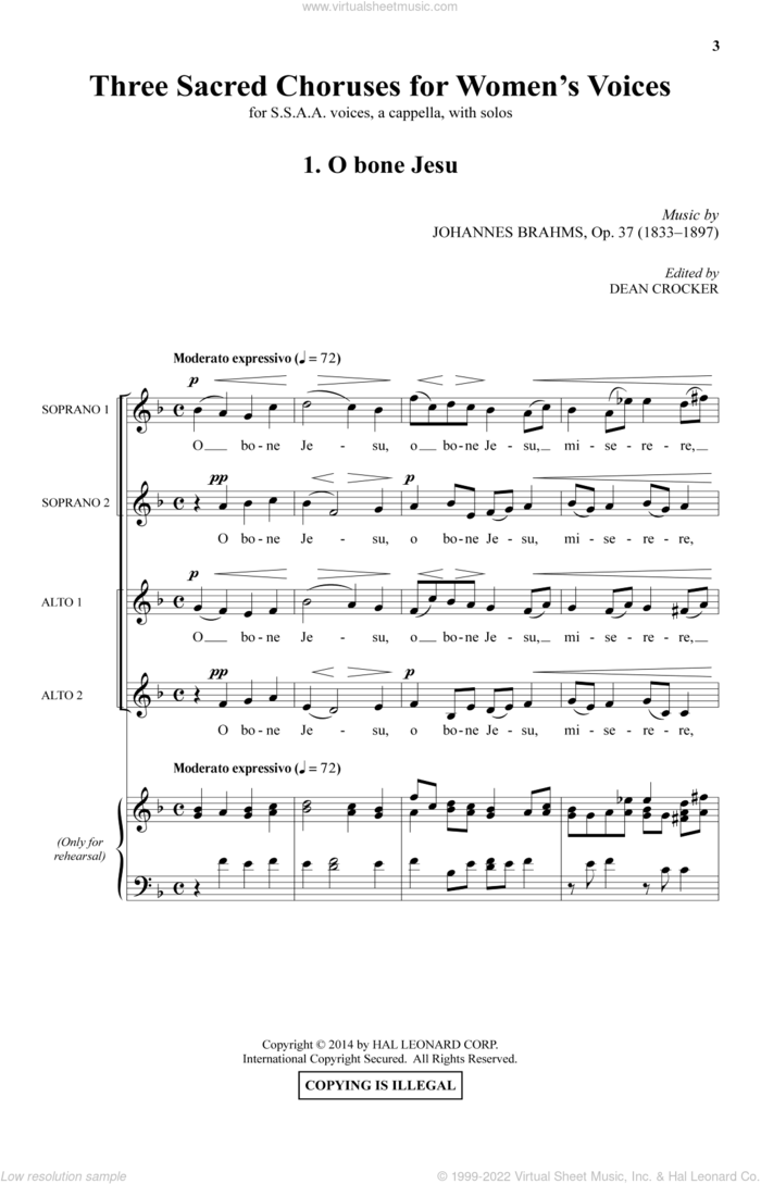 Three Sacred Choruses For Women's Voices sheet music for choir (SSA: soprano, alto) by Johannes Brahms and Dean Crocker, classical score, intermediate skill level