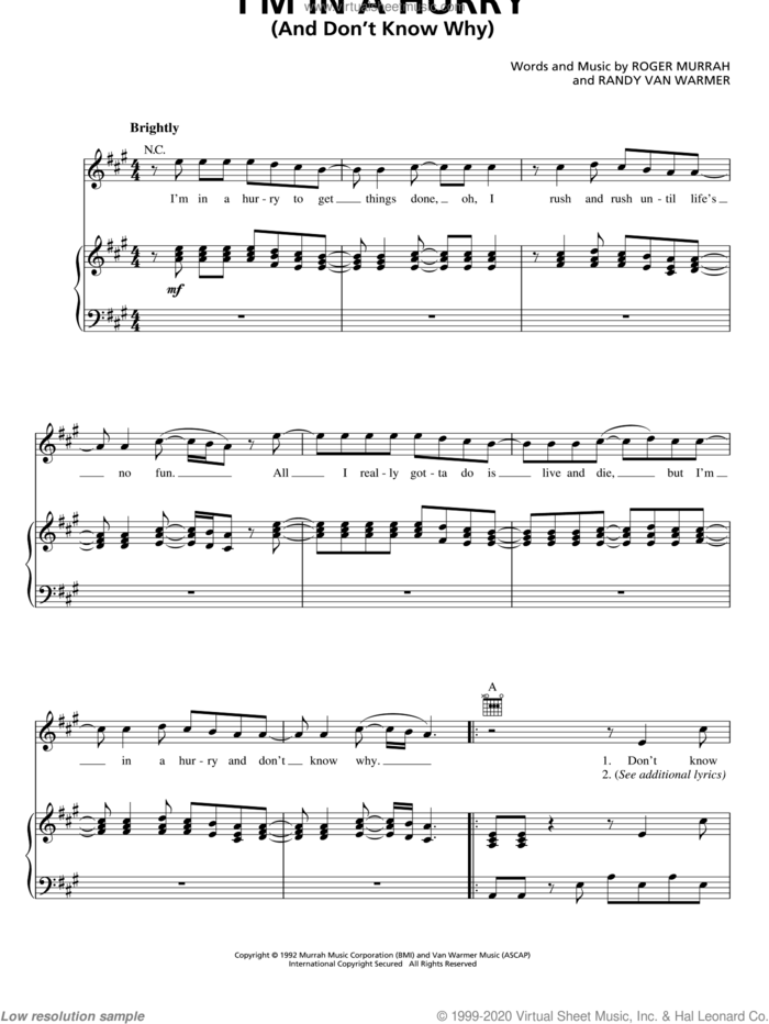 I'm In A Hurry (And Don't Know Why) sheet music for voice, piano or guitar by Alabama, Randy Van Warmer and Roger Murrah, intermediate skill level