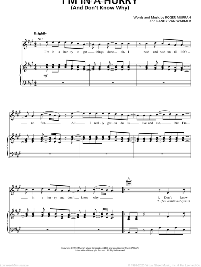 I'm In A Hurry (And Don't Know Why) sheet music for voice, piano or guitar by Alabama, Randy Van Warmer and Roger Murrah, intermediate skill level