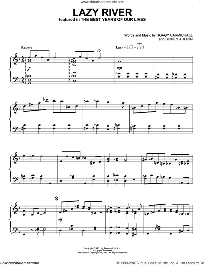 Lazy River, (intermediate) sheet music for piano solo by Bobby Darin, Hoagy Carmichael and Sidney Arodin, intermediate skill level