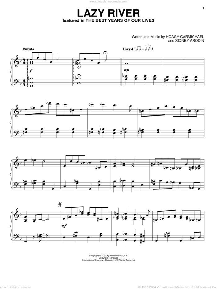 Lazy River, (intermediate) sheet music for piano solo by Bobby Darin, Hoagy Carmichael and Sidney Arodin, intermediate skill level