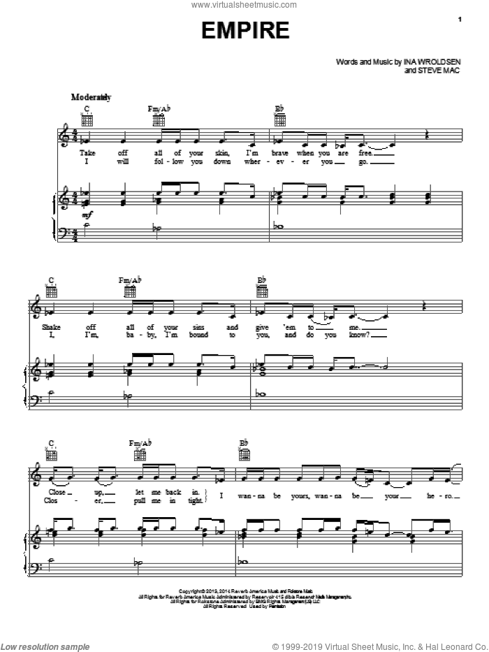 Empire sheet music for voice, piano or guitar by Shakira, Ina Wroldsen and Steve Mac, intermediate skill level