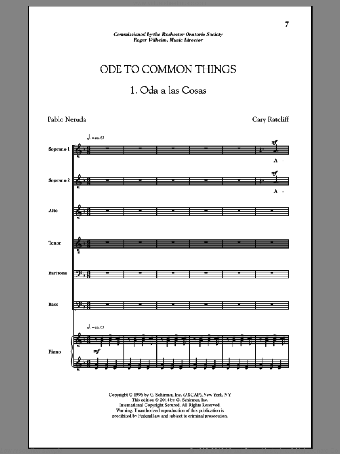 Ode To Common Things sheet music for choir (SATB: soprano, alto, tenor, bass) by Cary Ratcliff and Pablo Neruda, intermediate skill level