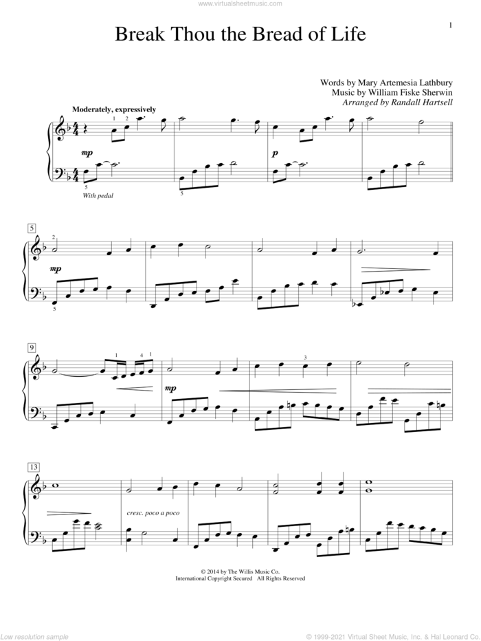 Break Thou The Bread Of Life sheet music for piano solo (elementary) by Randall Hartsell, Mary Artemesia Lathbury and William Sherwin, beginner piano (elementary)