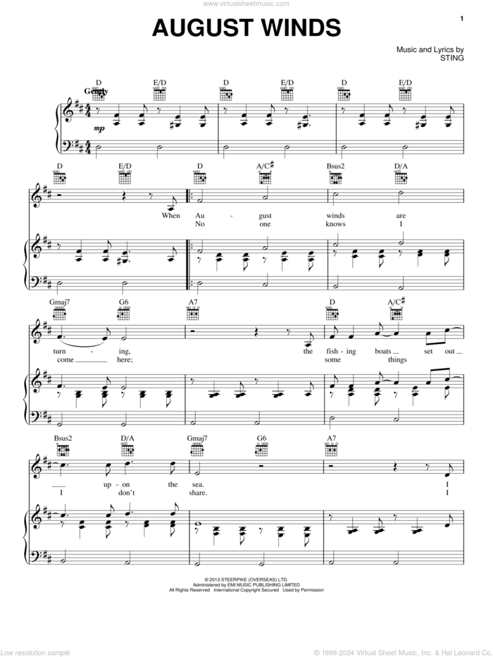 August Winds sheet music for voice, piano or guitar by Sting, intermediate skill level