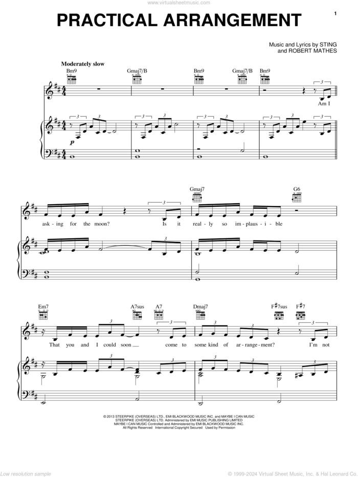 Practical Arrangement sheet music for voice, piano or guitar by Sting and Robert Mathes, intermediate skill level
