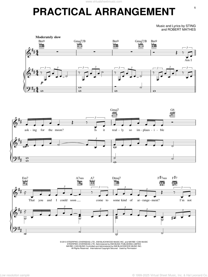 Practical Arrangement sheet music for voice, piano or guitar by Sting and Robert Mathes, intermediate skill level