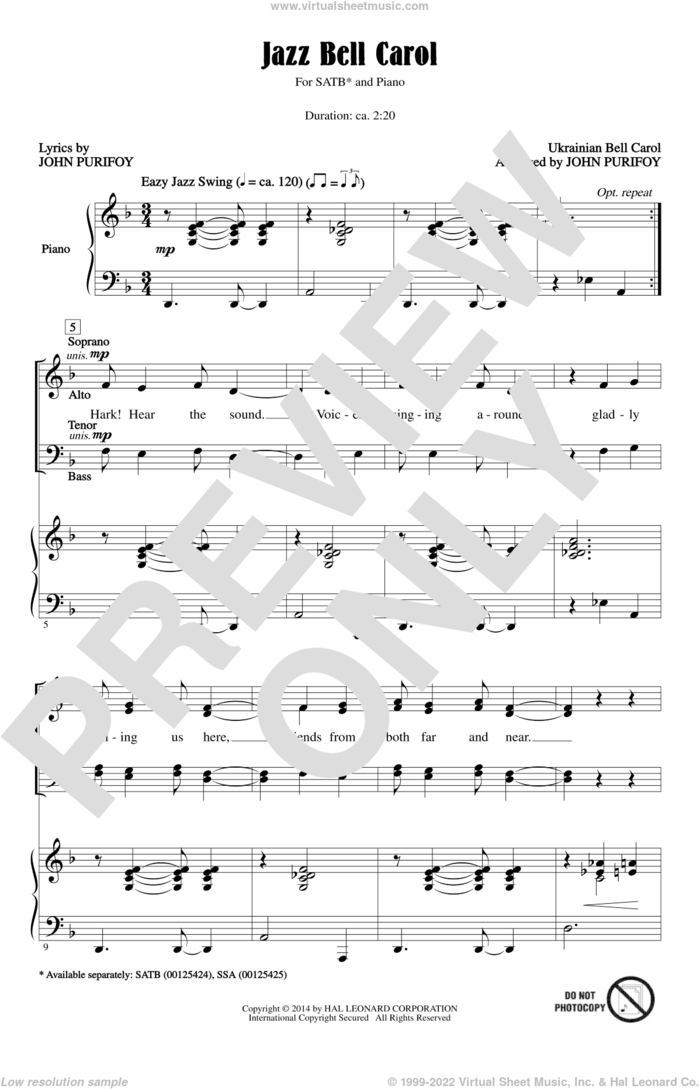 Ukrainian Bell Carol sheet music for choir (SATB: soprano, alto, tenor, bass) by John Purifoy, intermediate skill level