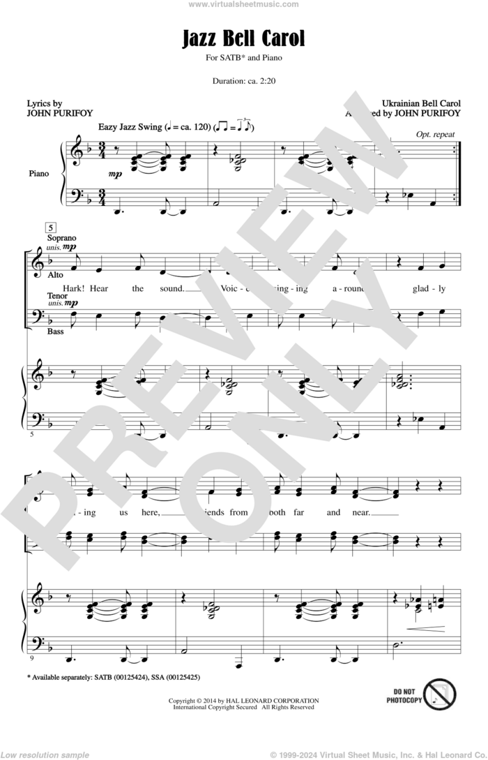 Ukrainian Bell Carol sheet music for choir (SATB: soprano, alto, tenor, bass) by John Purifoy, intermediate skill level